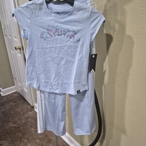 Adidas Light Blue SS Cap Sleeve Tee & Tricot Wide Leg Pant Size S, M & L
